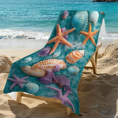 Teal Microfiber Beach Towel Starfish Shell Print Quick Dry Absorbent Bath Towel For Swimming Yoga Camping Hiking