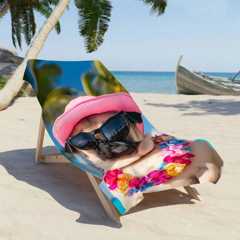 Microfiber Digital Print Beach Towel Pink Pug Dog Pattern Absorbent Quick Dry Bath Towel For Swimming Yoga Camping Hiking