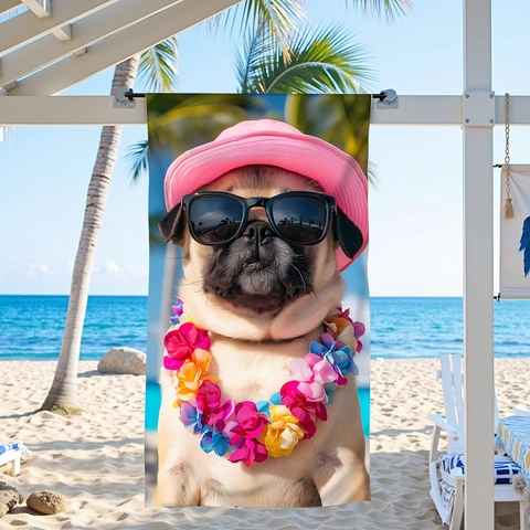 Microfiber Digital Print Beach Towel Pink Pug Dog Pattern Absorbent Quick Dry Bath Towel For Swimming Yoga Camping Hiking