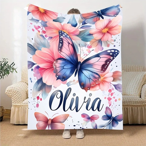 Soft Flannel Fleece Blanket With Watercolor Butterfly Flower Print Warm Cozy Lightweight Throw Blanket For Sofa Bed Couch