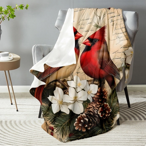 Vintage Cardinal Bird Pine Cone Print Flannel Blanket Soft Fleece Throw Blanket For Couch Sofa Bed Living Room Home Decor