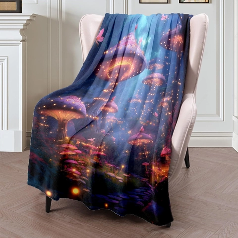 Glow In The Dark Mushroom Forest Flannel Throw Blanket Soft Magical Mushroom Pattern Fleece Blanket For Sofa Bed Bedroom