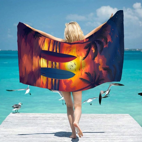 Microfiber Beach Towel Quick Dry Absorbent Bath Towel Sunset Palm Tree Surfboard Tropical Art Design For Swimming Travel
