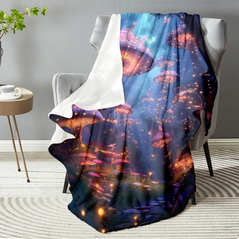 Glow In The Dark Mushroom Forest Flannel Throw Blanket Soft Magical Mushroom Pattern Fleece Blanket For Sofa Bed Bedroom