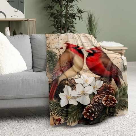Vintage Cardinal Bird Pine Cone Print Flannel Blanket Soft Fleece Throw Blanket For Couch Sofa Bed Living Room Home Decor