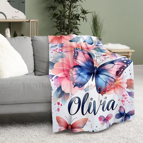 Soft Flannel Fleece Blanket With Watercolor Butterfly Flower Print Warm Cozy Lightweight Throw Blanket For Sofa Bed Couch