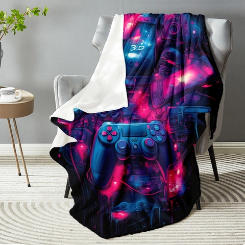 Manta de Franela con Estampado de Control de Videojuegos Cyberpunk Impresión Digital Neón Vellón Doble Cara Manta Suave Decoración