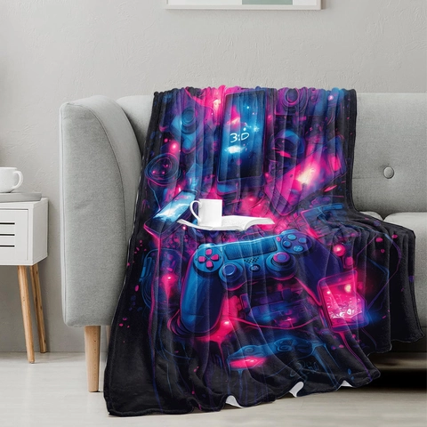 Manta de Franela con Estampado de Control de Videojuegos Cyberpunk Impresión Digital Neón Vellón Doble Cara Manta Suave Decoración