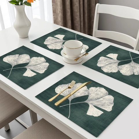 Ginkgo Leaf Pattern Dark Green Rectangular Placemats Decorative Table Mats For Dining Room Kitchen Party Wedding Banquet