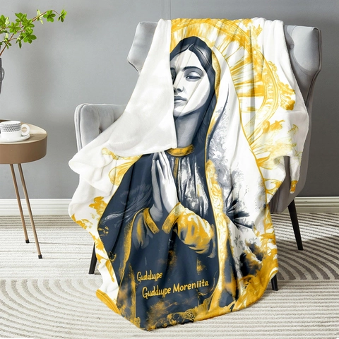 Virgin Of Guadalupe Religious Art Flannel Throw Blanket Soft Warm Navy Blue Gold Printing Home Decor Napping Fleece Blanket