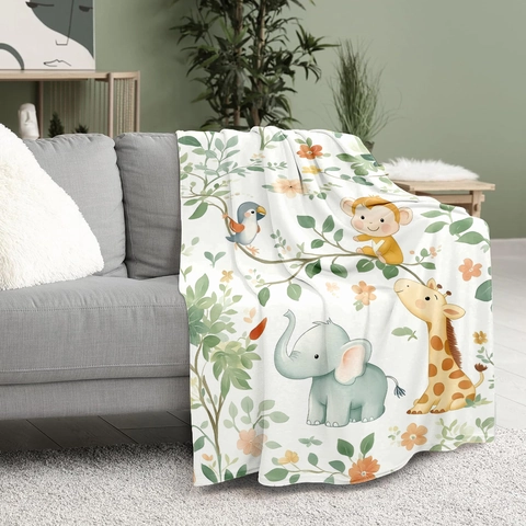 Jungle Animal Flannel Blanket Soft Polyester Fleece Cartoon Elephant Giraffe Print Nap Cover For Kids Baby Nursery Bedding