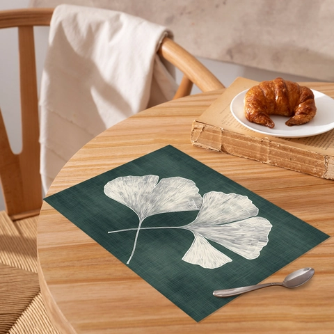 Ginkgo Leaf Pattern Dark Green Rectangular Placemats Decorative Table Mats For Dining Room Kitchen Party Wedding Banquet