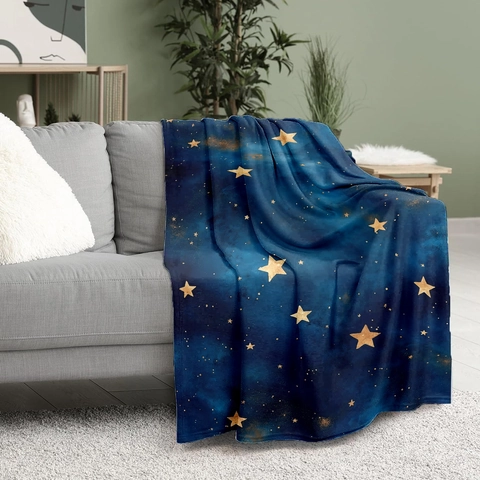 Starry Sky Galaxy Flannel Blanket With Gold Star Digital Print Soft Warm Fleece Sofa Nap Blanket For Home Decor