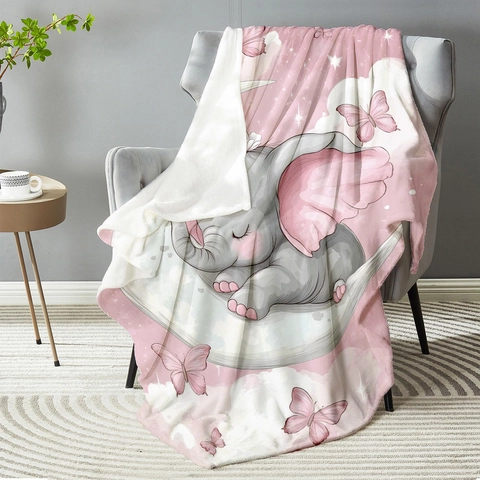 Pink Flannel Blanket For Kids Cute Elephant Sleeping On Moon Soft Fleece Throw For Sofa Nap Nursery Bedroom Home Decor