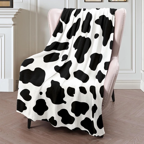 Manta de Franela con Estampado de Vaca Manta de Felpa Suave Blanco Negro Patrón Animal Decorativa Para Sofá Cama Hogar