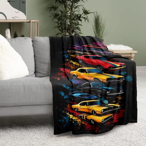 Zachte Flanellen Deken Artistieke Spat Amerikaans Muscle Car Patroon Retro Spreien Voor Bank Bed Kantoor Middagdutje