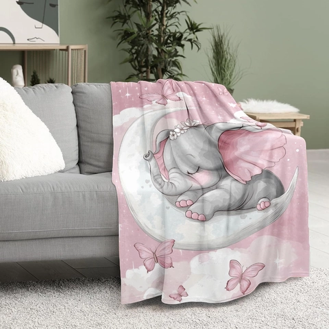 Pink Flannel Blanket For Kids Cute Elephant Sleeping On Moon Soft Fleece Throw For Sofa Nap Nursery Bedroom Home Decor