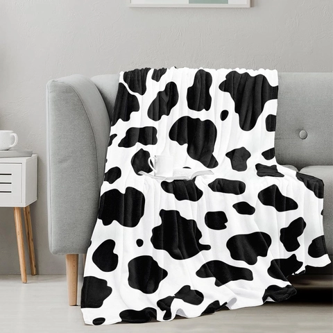 Manta de Franela con Estampado de Vaca Manta de Felpa Suave Blanco Negro Patrón Animal Decorativa Para Sofá Cama Hogar