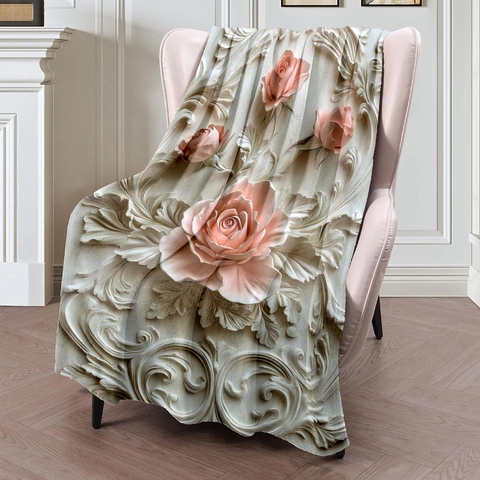 3D Rose Embossed Flannel Blanket Vintage Baroque Floral Pattern Soft Warm Polyester Throw For Sofa Bed Home Decor