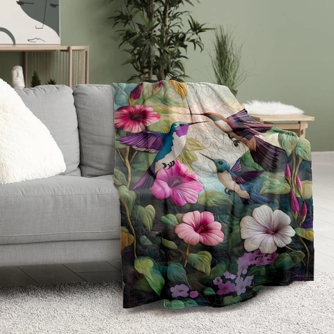 Hummingbird And Floral Print Quilted Flannel Blanket Reversible Soft Polyester Throw For Sofa Couch Bed Home Decor