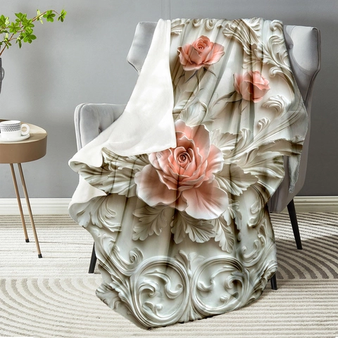 3D Rose Embossed Flannel Blanket Vintage Baroque Floral Pattern Soft Warm Polyester Throw For Sofa Bed Home Decor
