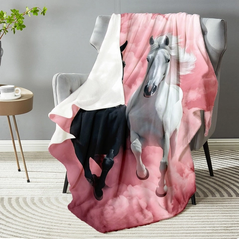 Moderne Zwart Wit Paard Patroon Flanellen Deken Zachte Digitaal Bedrukte Roze Wolk Woondeken Voor Sofa Bed Home Decor