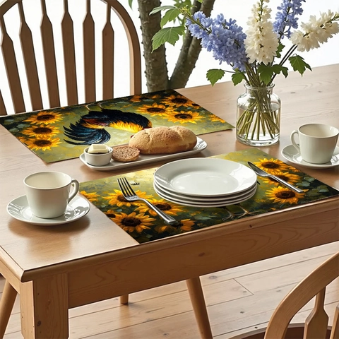 Manteles Individuales de Poliéster Estampado de Girasol y Gallo Estilo Campestre Aislado Térmicamente Decoración Mesa de Comedor