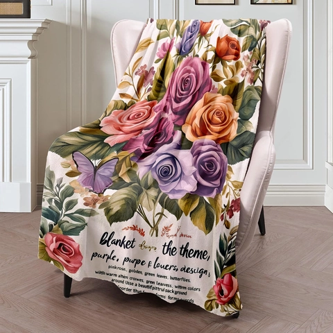 Vintage Soft Flannel Blanket For Bed Sofa Throw Ivory Floral Rose Butterfly Print Polyester Warm Nap Plush Blanket