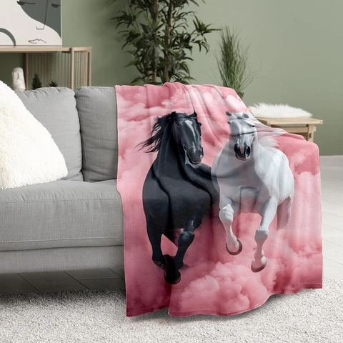 Moderne Zwart Wit Paard Patroon Flanellen Deken Zachte Digitaal Bedrukte Roze Wolk Woondeken Voor Sofa Bed Home Decor