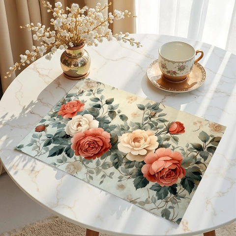 Vintage Rose Floral Printed Polyester Placemats Heat Resistant Non Slip Dining Table Mats For Kitchen Home Party Decor