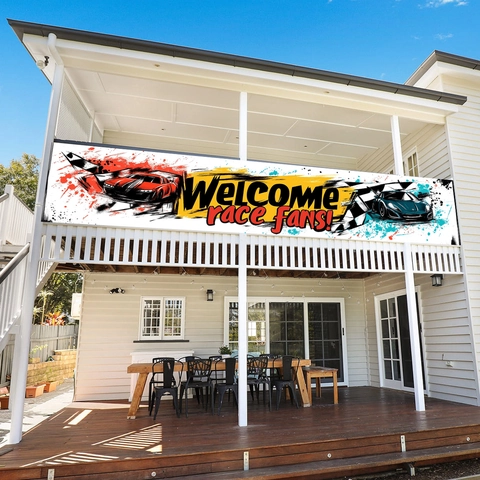 Racing Theme Welcome Race Fans Banner Checkered Flag Polyester Outdoor Decorative Banner For Race Party Garden Home Atmosphere Decor