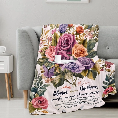 Vintage Soft Flannel Blanket For Bed Sofa Throw Ivory Floral Rose Butterfly Print Polyester Warm Nap Plush Blanket