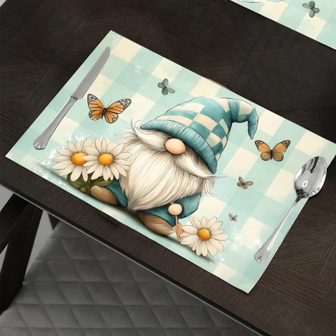 Green Gnome Polyester Placemats Heat Resistant Washable Daisy Butterfly Checkered Pattern Holiday Party Dining Table Mats Decor