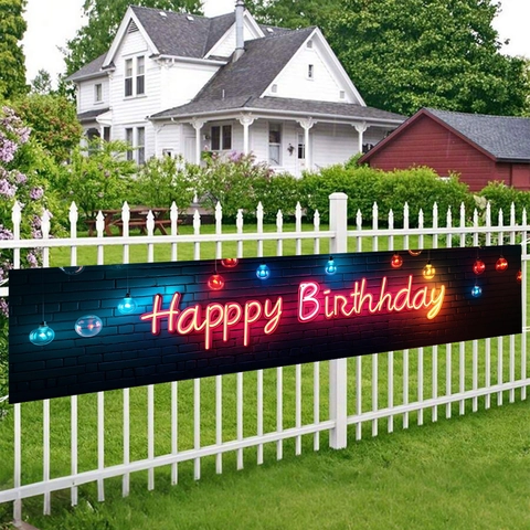 Neon Happy Birthday Banner Polyester Brick Wall Cyberpunk Theme Party Background Outdoor Indoor Wall Decoration Birthday Backdrop