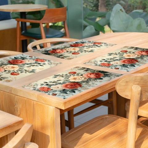 Vintage Rose Floral Printed Polyester Placemats Heat Resistant Non Slip Dining Table Mats For Kitchen Home Party Decor