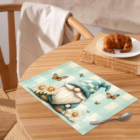 Green Gnome Polyester Placemats Heat Resistant Washable Daisy Butterfly Checkered Pattern Holiday Party Dining Table Mats Decor