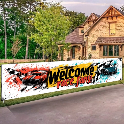 Racing Theme Welcome Race Fans Banner Checkered Flag Polyester Outdoor Decorative Banner For Race Party Garden Home Atmosphere Decor