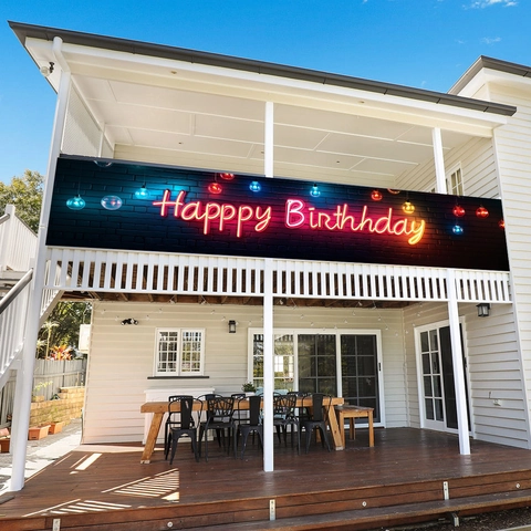 Neon Happy Birthday Banner Polyester Brick Wall Cyberpunk Theme Party Background Outdoor Indoor Wall Decoration Birthday Backdrop