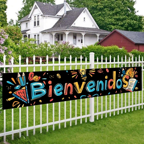 Bienvenidos Back To School Banner Welcome Sign For Classroom Party Decoration Large Polyester Fabric Educational Theme Wall Hanging Flag Academic Style Decor