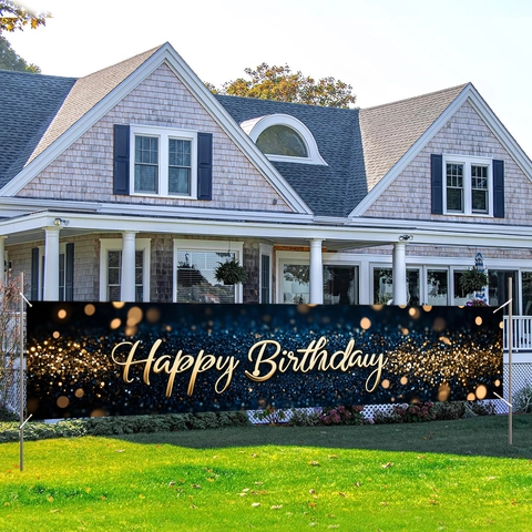 Bannière Joyeux Anniversaire Noir Or Panneau de Jardin Extérieur Grand Fond en Polyester pour Décorations de Fête Homme Femme