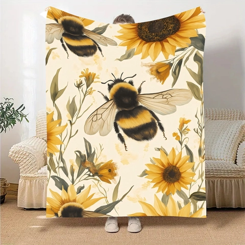 Bij Zonnebloem Patroon Flanellen Deken Zacht Warm Polyester Kleed Voor Bank Slaapkamer Woonkamer Decor Fleece Deken