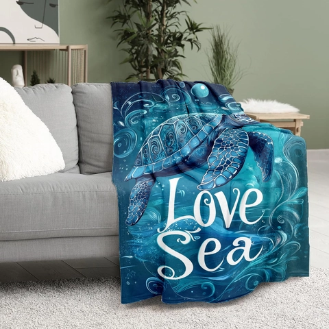 Manta de Franela Con Impresión Digital de Tortuga Marina Love Sea Suave Cálida Azul Marino Manta para Cama Sofá Viaje Decoración