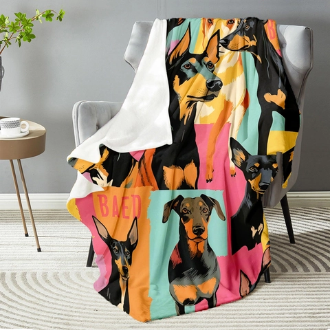 Pop Art Doberman Pinscher Flannel Blanket Soft Colorful Polyester Dog Portrait Throw Blanket For Sofa Bed Home Decor