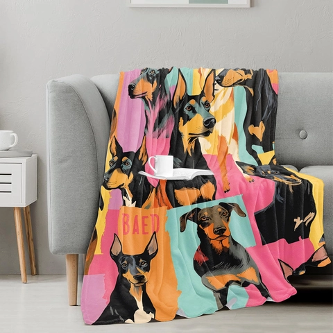 Pop Art Doberman Pinscher Flannel Blanket Soft Colorful Polyester Dog Portrait Throw Blanket For Sofa Bed Home Decor
