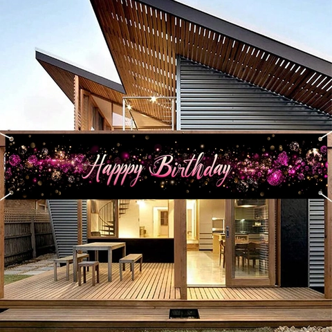Bannière Joyeux Anniversaire Noir Rose Polyester Fond Décorations de Fête Pour Extérieur Intérieur Clôture Panneau Suspendu
