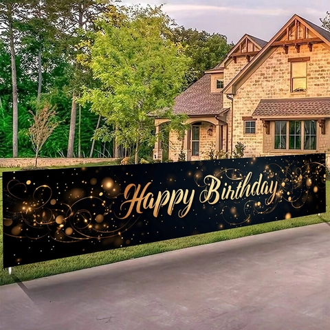 Large Black Gold Happy Birthday Banner Luxurious Polyester Horizontal Sign For Indoor Outdoor Party Decoration Celebration