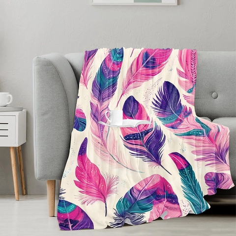 Manta de Franela con Estampado de Plumas Coloridas Manta Suave y Cálida para Sofá Cama Viaje Manta para Siesta