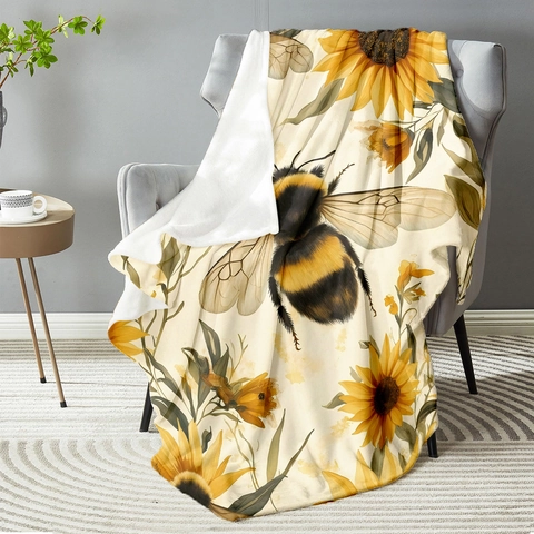 Bij Zonnebloem Patroon Flanellen Deken Zacht Warm Polyester Kleed Voor Bank Slaapkamer Woonkamer Decor Fleece Deken
