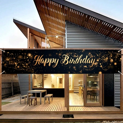Large Black Gold Happy Birthday Banner Luxurious Polyester Horizontal Sign For Indoor Outdoor Party Decoration Celebration