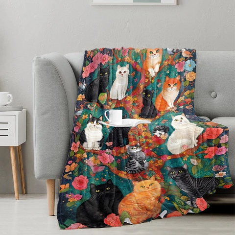 Artistieke Mystery Cat World Bloem Patroon Digitaal Bedrukte Flanellen Deken Zacht Polyester Middag Deken Voor Bank Bed Home Decor